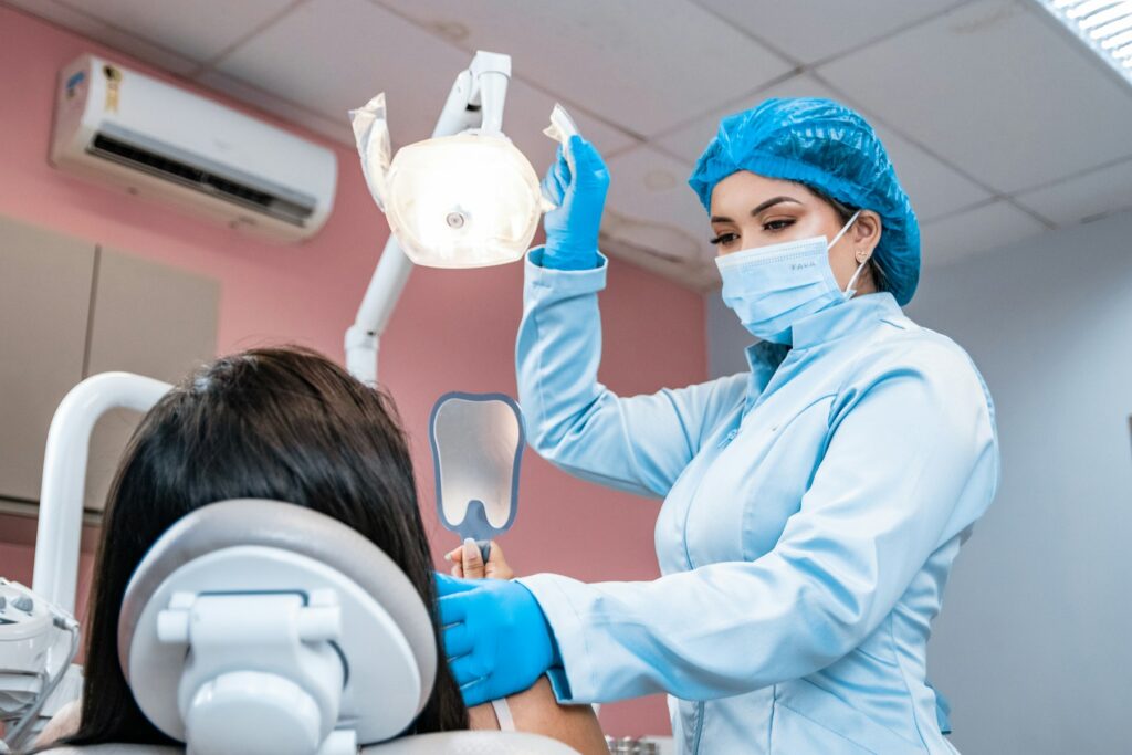 A patient relaxing in the chair during a dental checkup